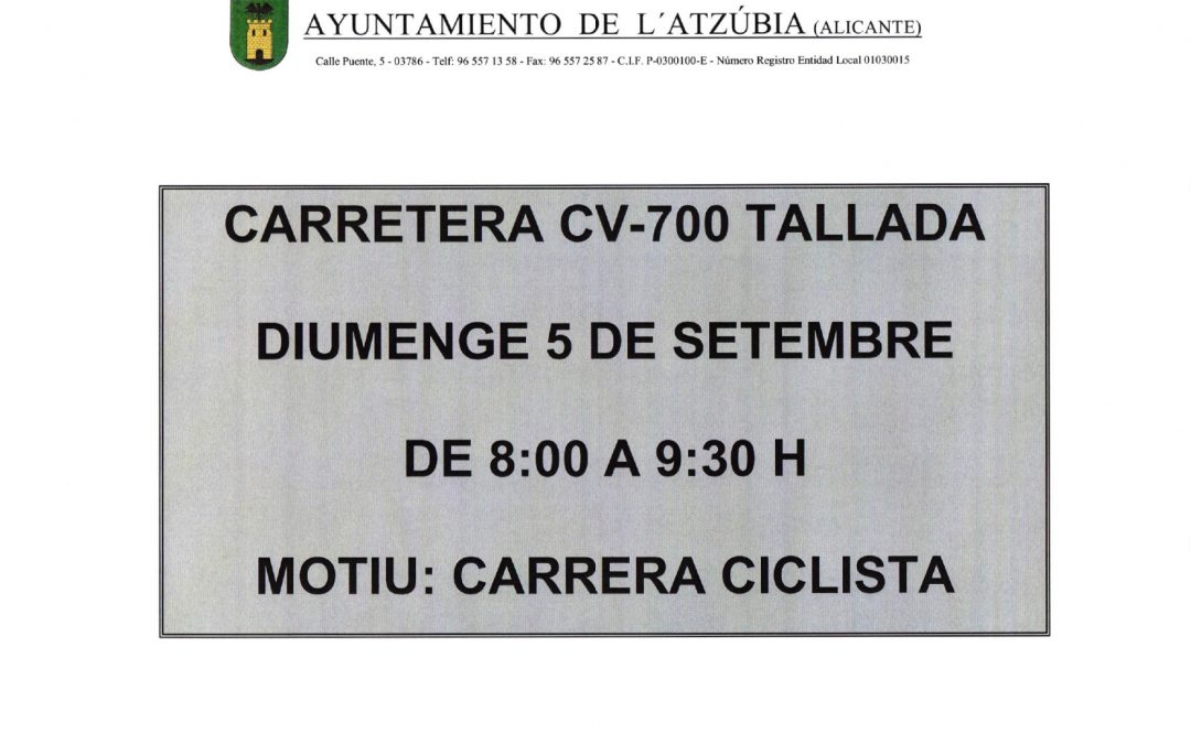 CARRETERA CV-700 TALLADA EL DIUMENGE 5 DE SETEMBRE
