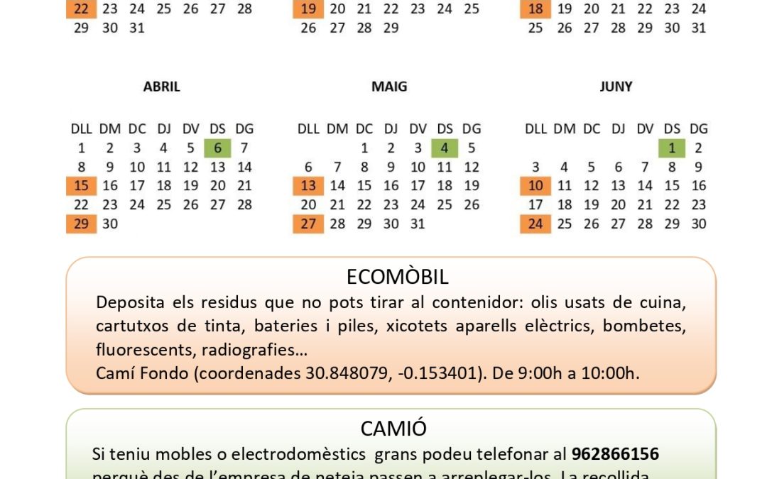 Calendari recollida de residus 2024 (1er semestre)